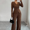 Women's Solid Color V-neck Long Sleeve Casual Two Piece Pants Set