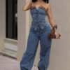 Women's Strapless Denim TTop Stretch Pants Casual Set