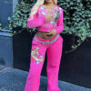 Women's Street Print Zip-Front Short Hoodies High Waist Straight Leg Pants Two-Piece Set