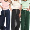 Women's Summer Color-Blocked Round Neck Short Sleeve Casual Pants Set