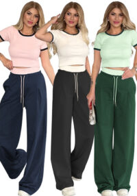Women's Summer Color-Blocked Round Neck Short Sleeve Casual Pants Set