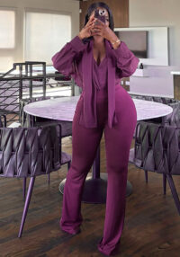 Fall V-Neck Mesh Tie-Front Blouse and High-Waist Bell Bottom Pants Set