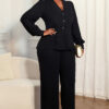 Plus Size Women Textured Sleeve Blazer Ruffle Top Wide Leg Pants Two Piece Set