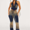 Summer Women Halter Neck Sleeveless Top High-Waist Tight-Fitting Slim-Fit Ombre Lace-Up Denim Pants Two-Piece Set