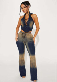 Summer Women Halter Neck Sleeveless Top High-Waist Tight-Fitting Slim-Fit Ombre Lace-Up Denim Pants Two-Piece Set