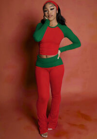 Women Autumn/Winter Christmas Long-Sleeve Round Neck T-Shirt and Color-Blocked Pants Two-Piece Set