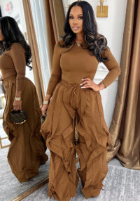 Women Autumn/Winter Long Sleeve Top and Layers Wide-Leg Pant Two-Piece Set