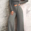 Women Autumn/Winter Solid Long-Sleeved T-Shirt and Wide-Leg Overalls Two-Piece Set