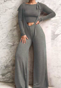Women Autumn/Winter Solid Long-Sleeved T-Shirt and Wide-Leg Overalls Two-Piece Set
