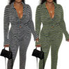 Women Autumn/Winter Striped Long-Sleeved Top and Pant Two-Piece Set