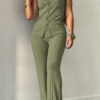 Women Button Ribbed Knitting Sleeveless Top and Bell Bottom Two-Piece Set