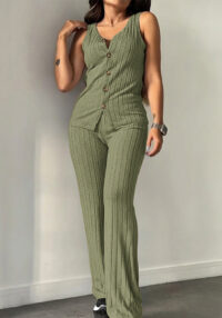 Women Button Ribbed Knitting Sleeveless Top and Bell Bottom Two-Piece Set