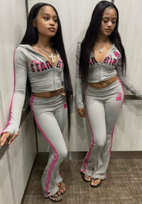 Women Casual Color Block Printed Zipper Hooded Top and Pants Two-Piece Set