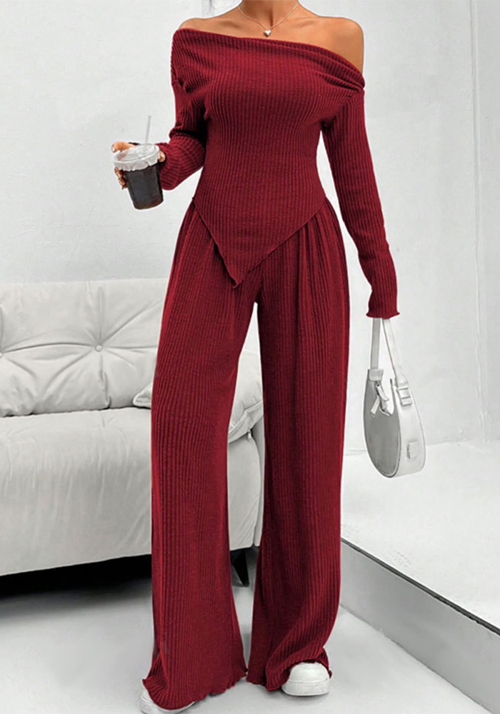 Women Casual Comfortable Off Shoulder Top & Wide-Leg Pants Two-Piece Set