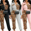 Women Casual Leopard Print Patchwork Pinsert Top and Pant Two-Piece Set