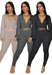 Women Deep V-Neck Backless Lace-Up Short Lantern Sleeve Top and Trousers Two-Piece Set