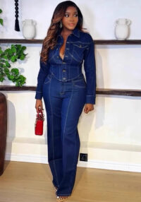 Women Denim Long Sleeve Jacket Wide Leg Pants Two Piece Set