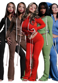 Women Hooded Zip Slim Pocket Top Bell Bottom Pants Two Piece Set