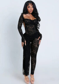 Women Lace Long-Sleeve Hollow-Out Tie Detail & Tight-Fitting Two-Piece Pants Set