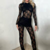 Women Patchwork Lace See-Through Jumpsuit and Skirt Two-Piece Set