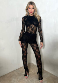 Women Patchwork Lace See-Through Jumpsuit and Skirt Two-Piece Set