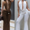 Women Sexy Solid Backless Top and Pants Two-piece Set