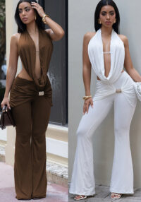 Women Sexy Solid Backless Top and Pants Two-piece Set