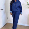 Women Turndown Collar Button Denim Shirt Pants Two Piece Set