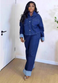 Women Turndown Collar Button Denim Shirt Pants Two Piece Set