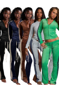 Women Zip Thermal Stripe Yop Drawstring Bell Bottom Pants Two Piece Set