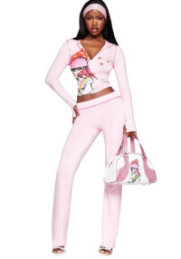 Women's Autumn Cute Printed Hooded Zipper Low-waist Casual Pants/shorts Set