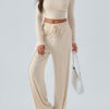 Women's Autumn Winter Y2k Fashion Casual Solid Color Slim Waist Tie Wide Leg Pants Set