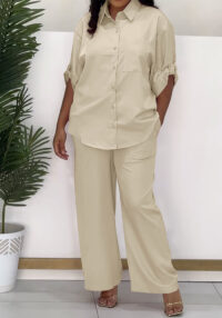 Women's Fashion Casual Turndown Collar with Patch Pockets Shirt and Pants Two-Piece Set