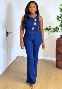 Women's Fashion Metallic Pin Embellished Sleeveless Vest Denim Pants Set