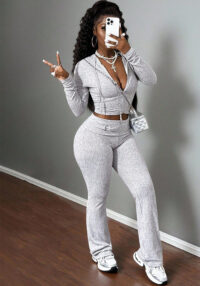 Women's Fashion Solid Color Knit Ribbed Zip-Up Hooded Top Tight Fitting Pants Casual Two-Piece Set