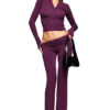 Women's Fashion Solid Color Sexy Zipper V-neck Long-sleeve Two-piece Pants Set
