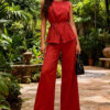 Women's Multi-Color Sleeveless Slim Waist Vest and Wide Leg Pants Chic Career Linen Suit