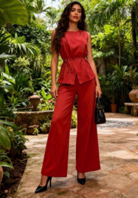 Women's Multi-Color Sleeveless Slim Waist Vest and Wide Leg Pants Chic Career Linen Suit