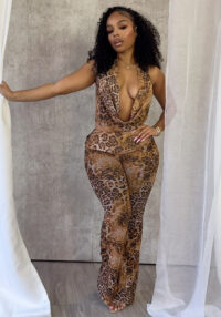 Women's Sexy Slim Fit Leopard Print Tie Halter Neck Low Back Top Pants Set